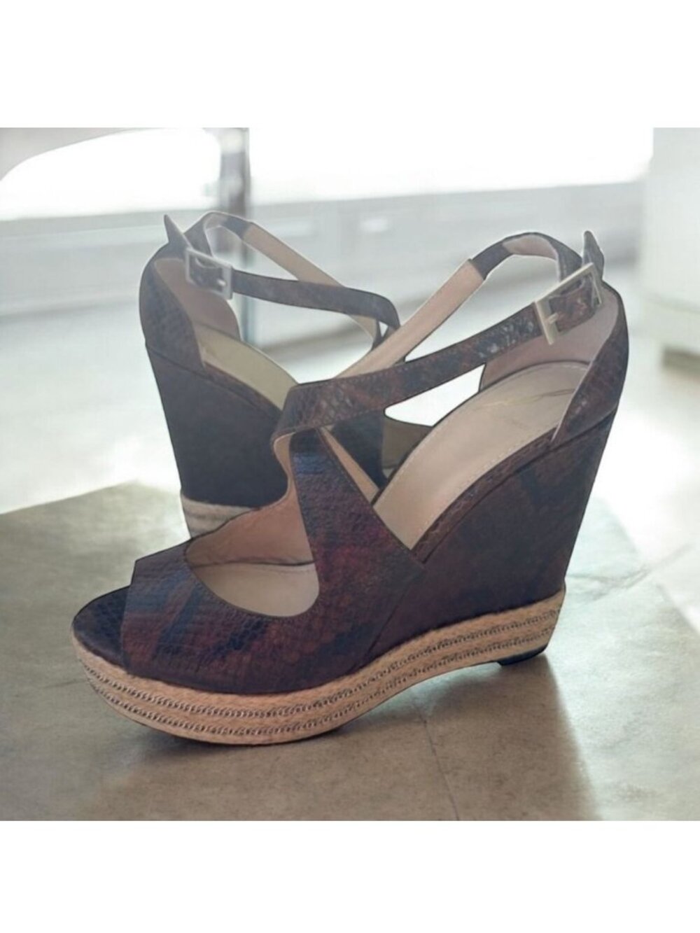 BRIAN ATWOOD Dekota Brown Leather Espadrille Wedges Size 7.5